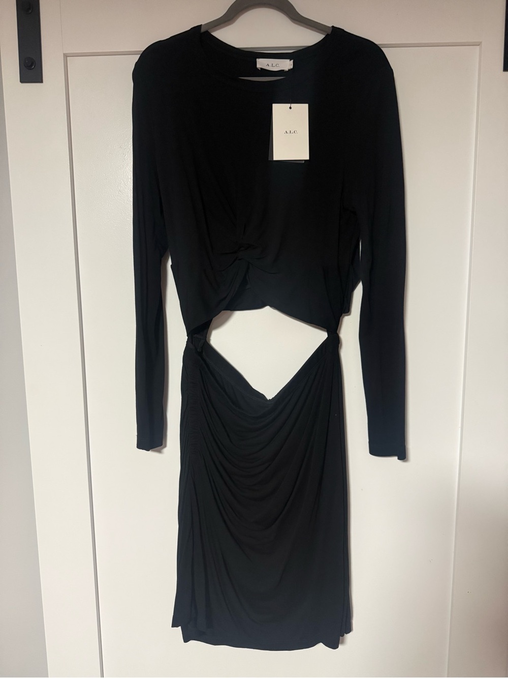 A.L.C. Black Cutout Ruched Draped Mini Dress Long Sleeve Size L NWT Made USA